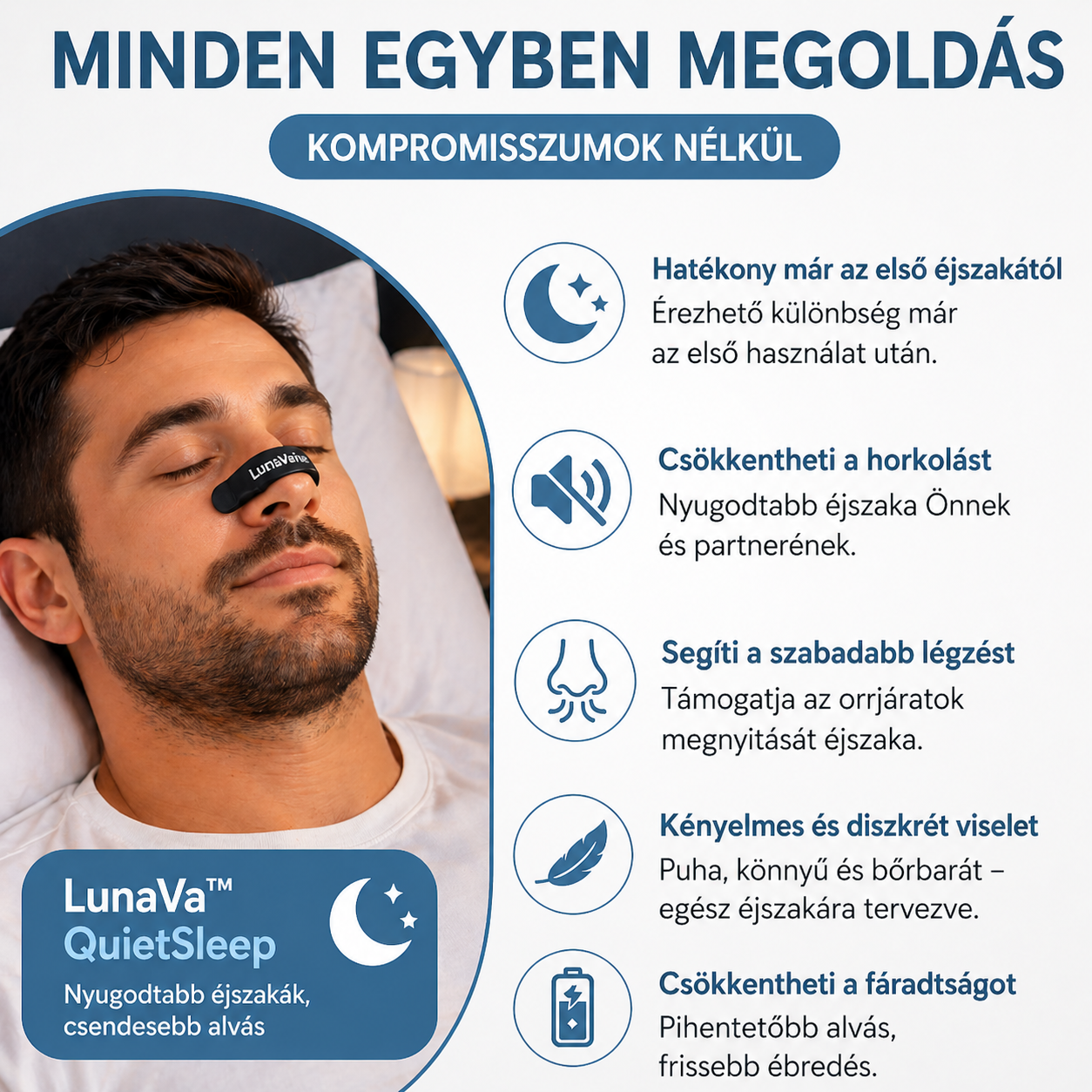 LunaVa™ QuietSleep | Fejlett horkoláscsökkentő megoldás (30 tapasz ajándékba)